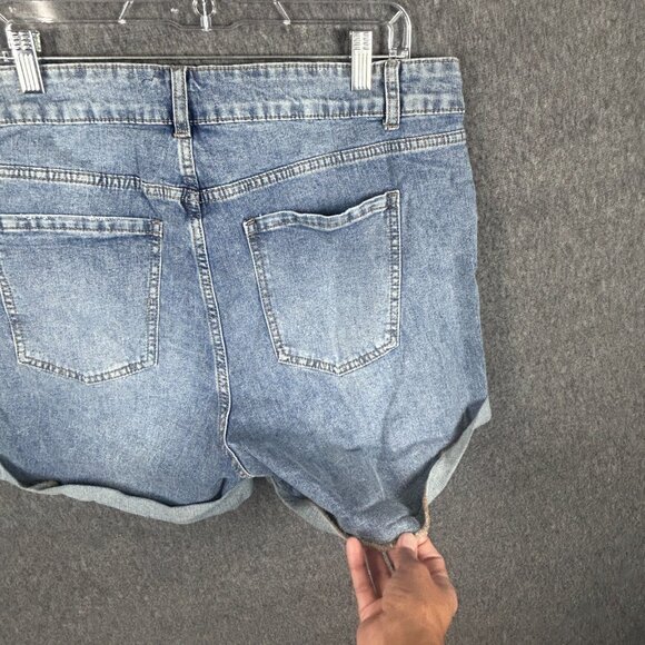 BloomChic Denim Shorts Womens 16 Blue Distressed Rolled Hem Mid Rise Stretch Poc - Picture 15 of 16